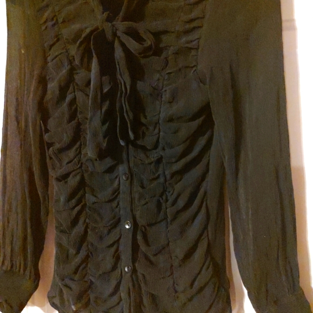 🐦⬛🖤🐦⬛ Divine Vintage Genuine Silk Black Sheer Ruffled Bow Blouse Top - 12 - Picture 3 of 16
